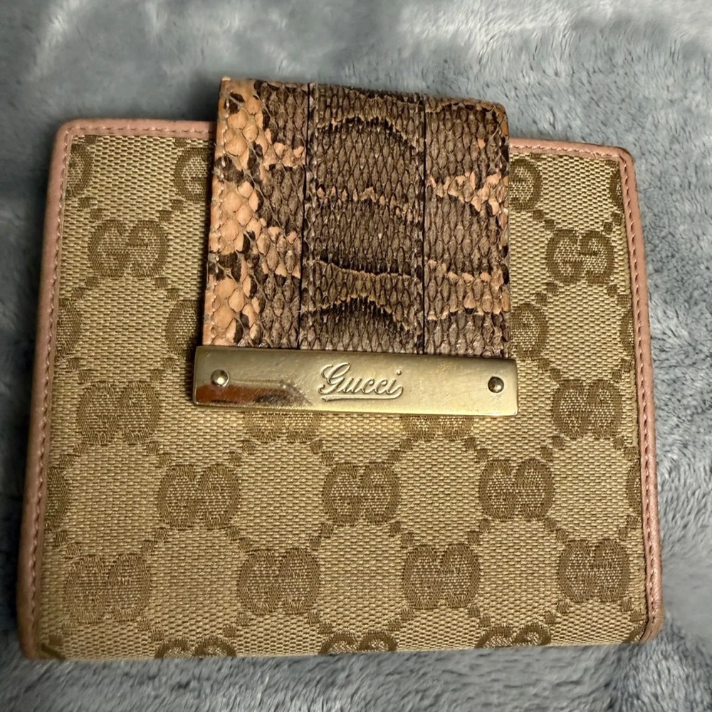 Gucci Canvas Bifold Wallet w/ Snakeskin Closure